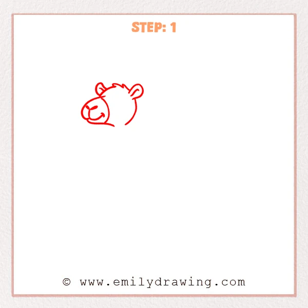 how to draw a cartoon camel - Red line sketch of a cartoon camel head with a rounded muzzle, small ears, and a fluffy forehead outline.